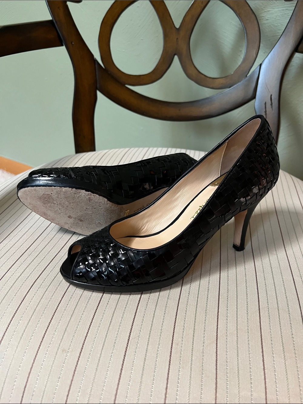 Cole Haan Black Woven Peep-Toe Heels